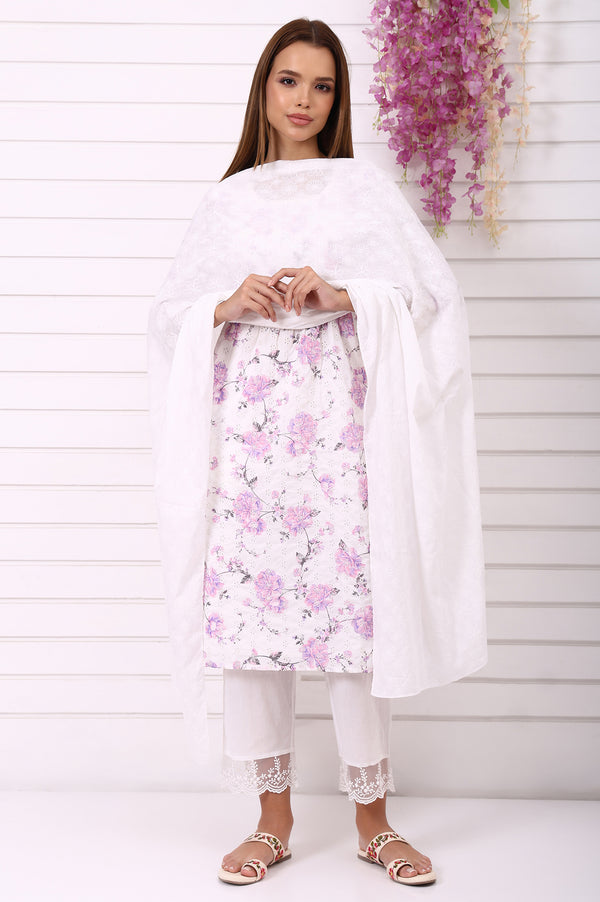 White Schiffily Embroidered Pure Cotton Dupatta