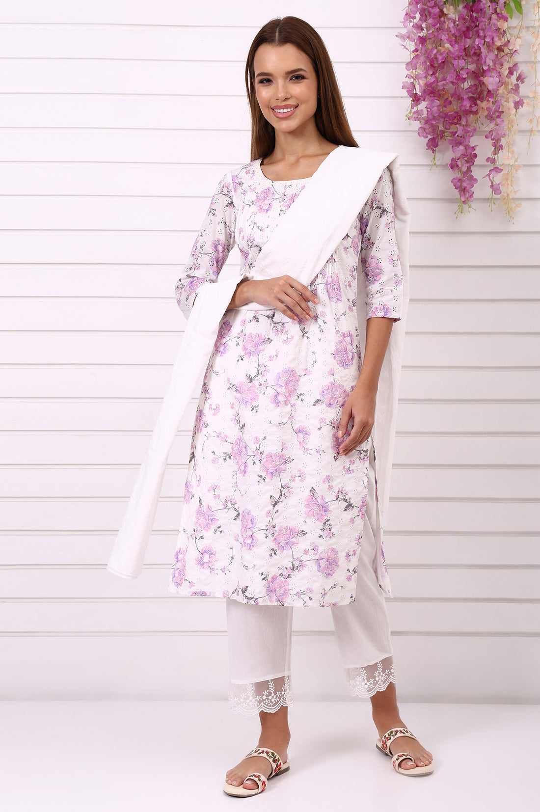 White Schiffily Embroidered Pure Cotton Dupatta