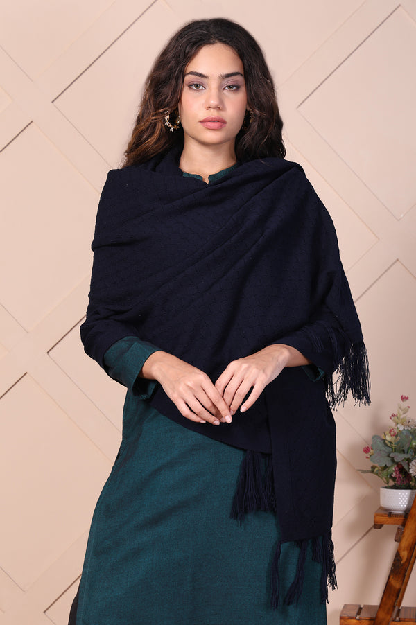 Navy Blue Textured Tasseled Acrylic Shawl