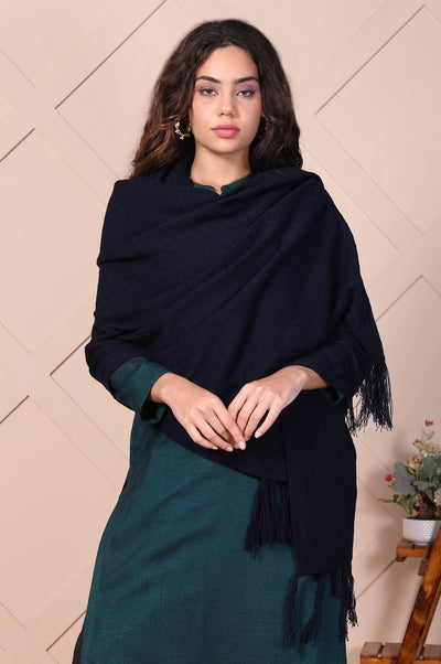 Navy Blue Textured Tasseled Acrylic Shawl