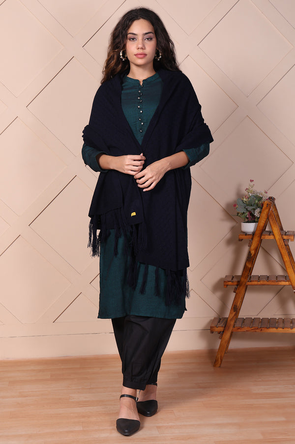 Navy Blue Textured Tasseled Acrylic Shawl