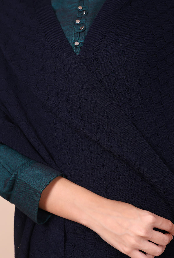 Navy Blue Textured Tasseled Acrylic Shawl