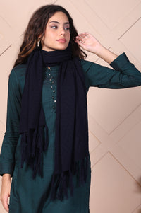 Navy Blue Textured Tasseled Acrylic Shawl