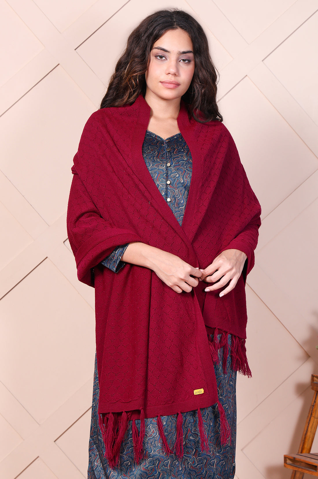 Maroon Textured Tasseled Acrylic Shawl