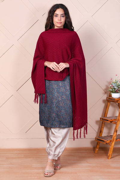 Maroon Textured Tasseled Acrylic Shawl