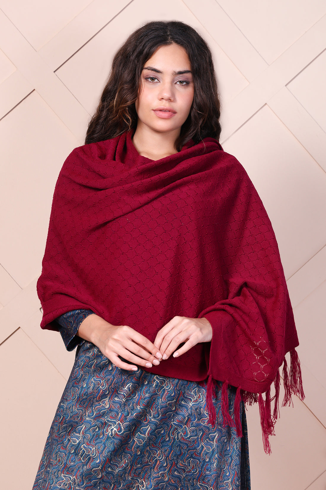 Maroon Textured Tasseled Acrylic Shawl