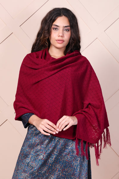 Maroon Textured Tasseled Acrylic Shawl