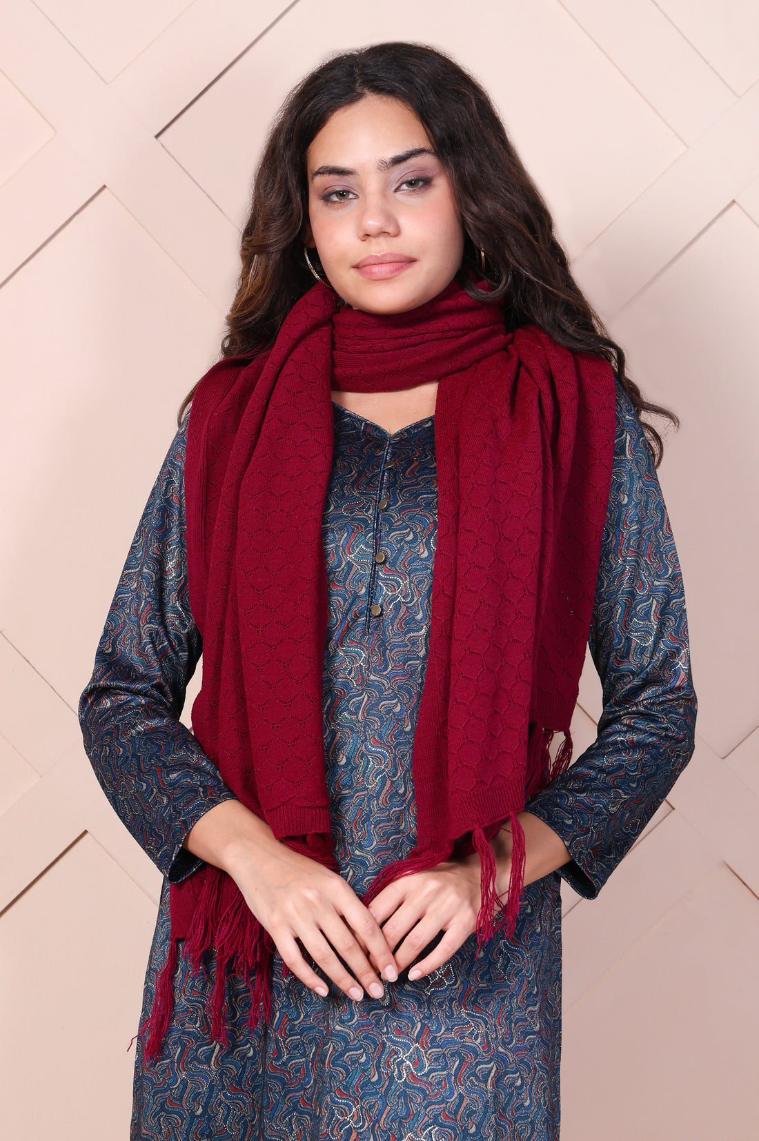 Maroon Textured Tasseled Acrylic Shawl