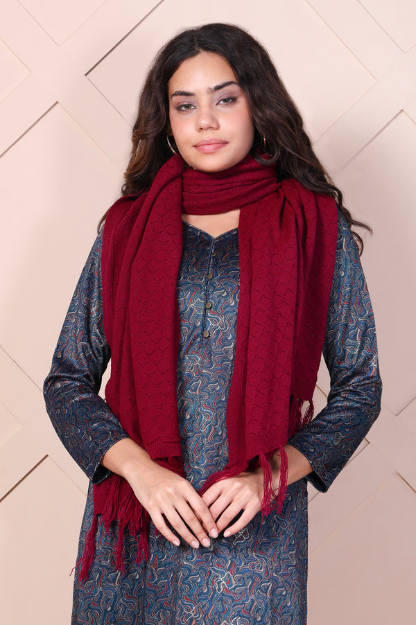 Maroon Textured Tasseled Acrylic Shawl