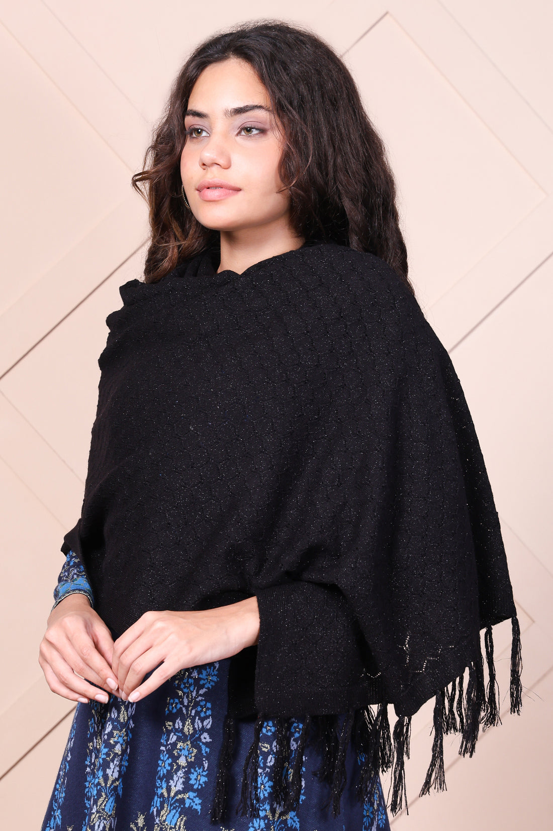 Black Textured Tasseled Acrylic Shawl
