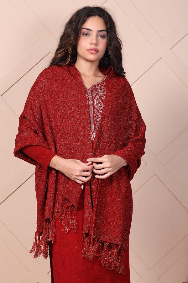 Red Textured Tasseled Acrylic Shawl