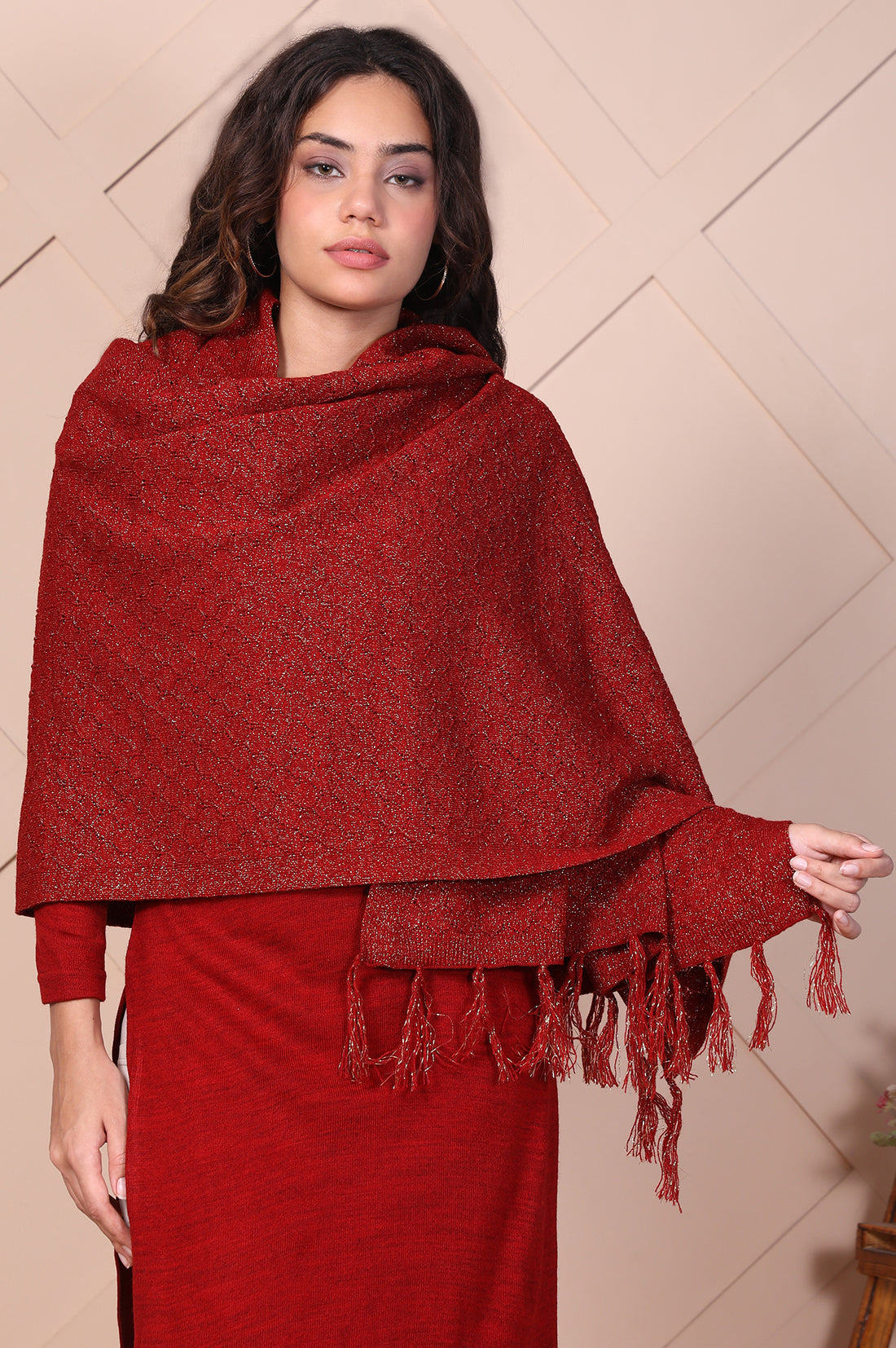 Red Textured Tasseled Acrylic Shawl