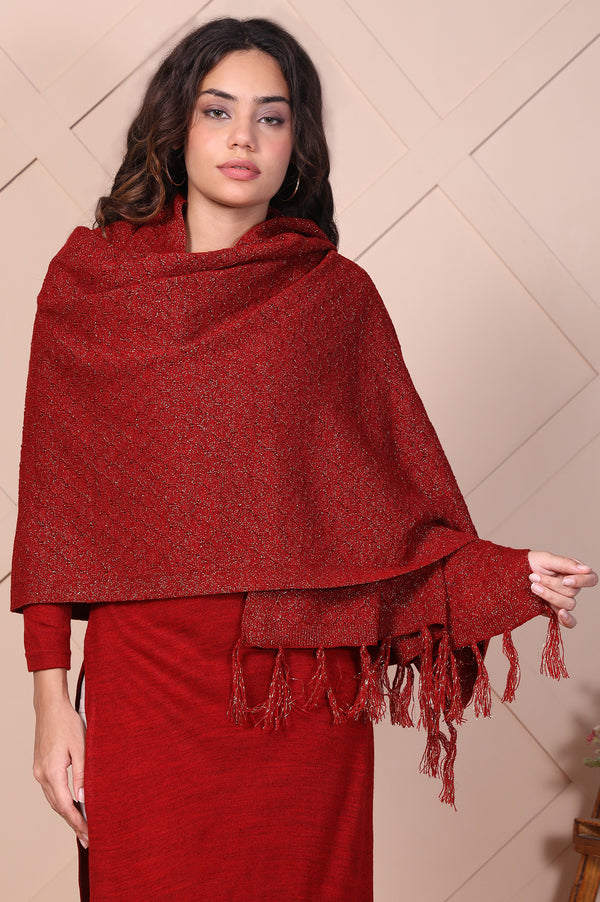 Red Textured Tasseled Acrylic Shawl