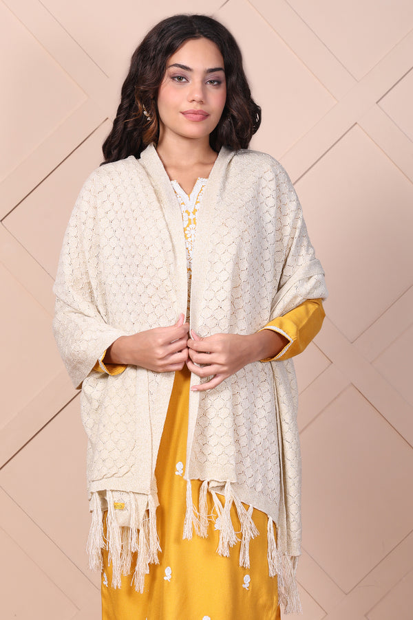 Off White Textured Tasseled Acrylic Shawl