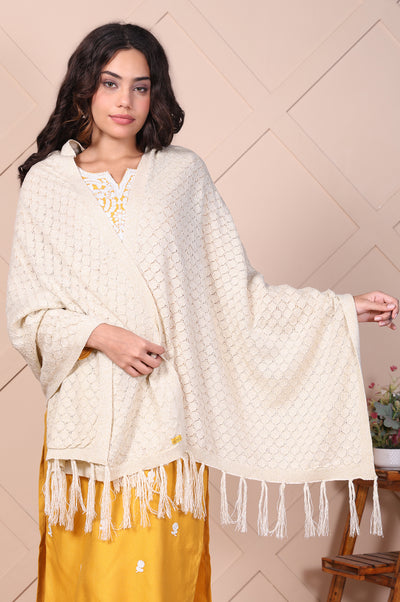 Off White Textured Tasseled Acrylic Shawl