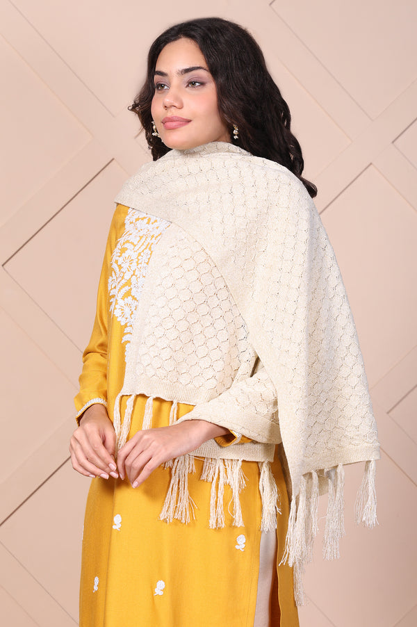 Off White Textured Tasseled Acrylic Shawl