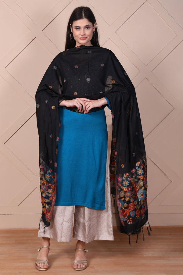 Black Floral Embroidered Jaquard Shawl