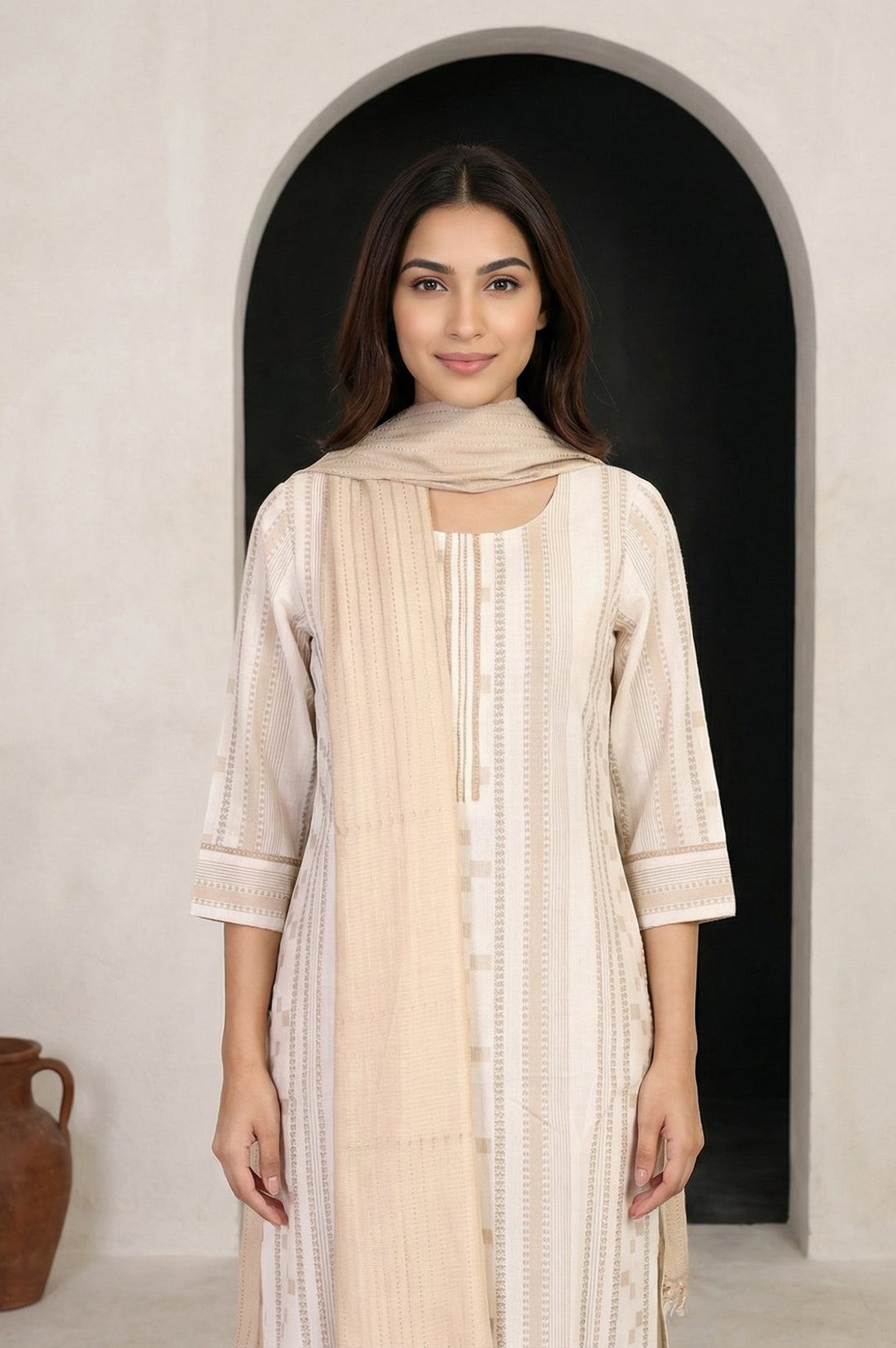 Beige Textured Cotton Blend Dupatta