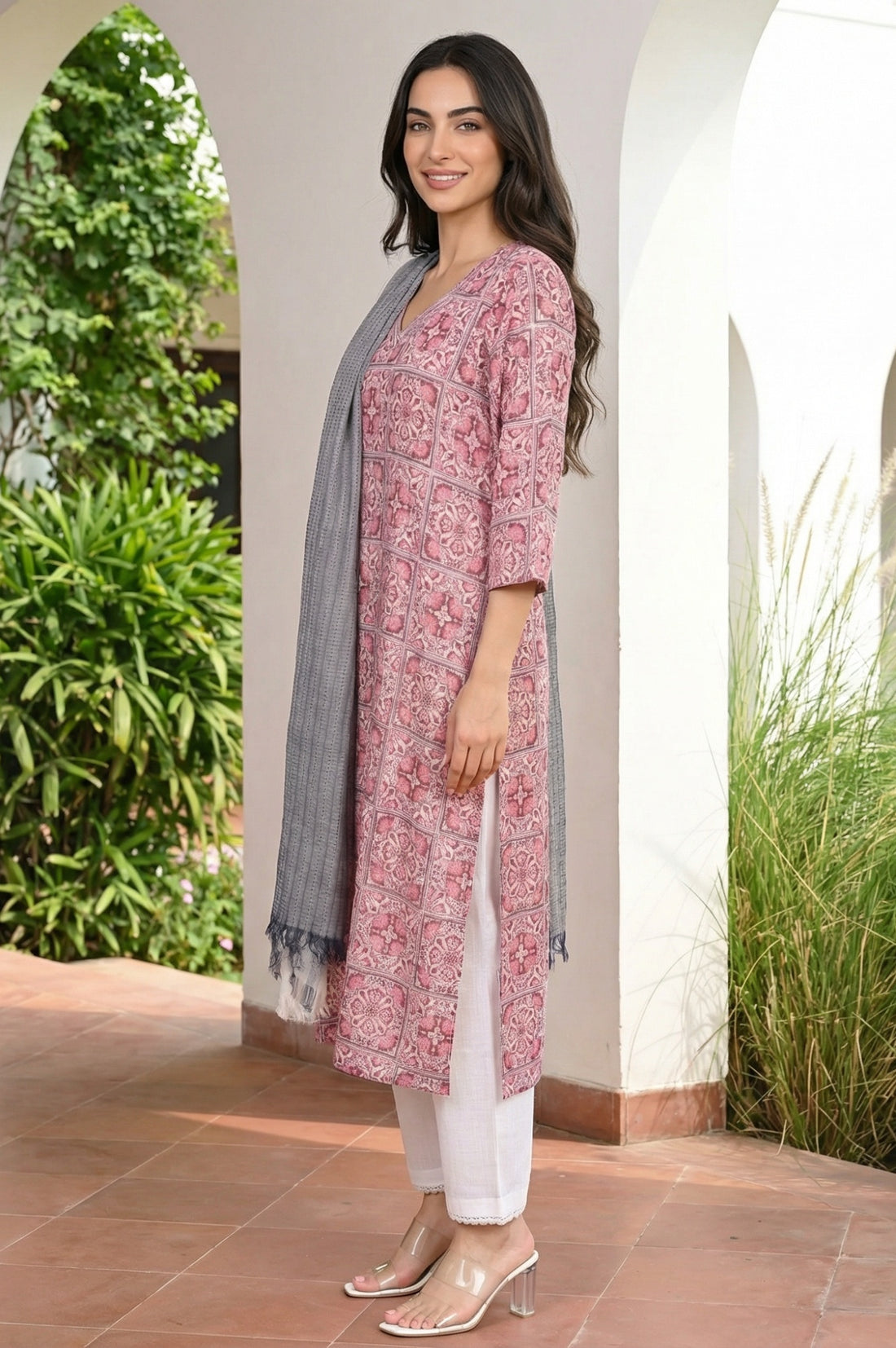 Grey Yarn Dyed Tassels Striped Cotton Blend Dupatta