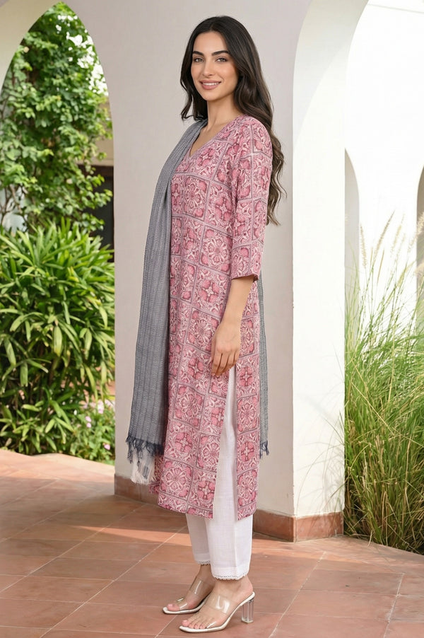 Grey Yarn Dyed Tassels Striped Cotton Blend Dupatta