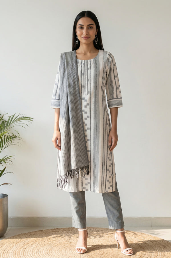 Grey Yarn Dyed Striped Cotton Blend Dupatta with Tassels