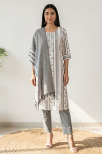 Grey Yarn Dyed Striped Cotton Blend Dupatta with Tassels