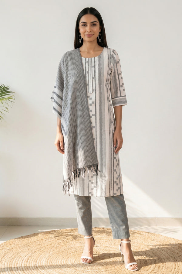 Grey Yarn Dyed Striped Cotton Blend Dupatta with Tassels
