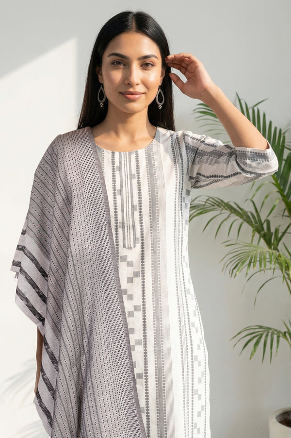 Grey Yarn Dyed Striped Cotton Blend Dupatta with Tassels