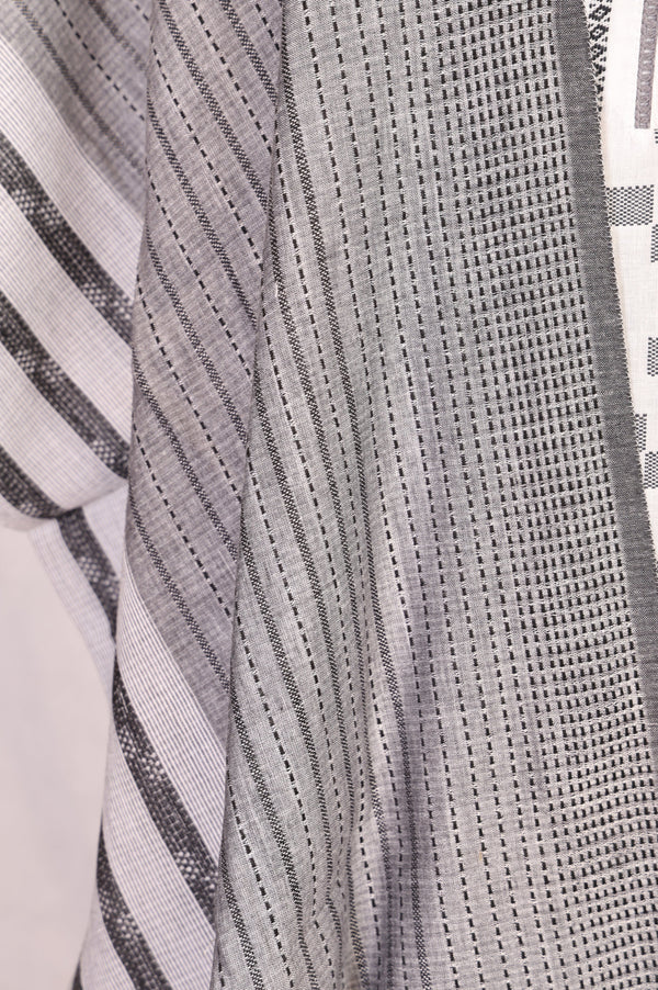 Grey Yarn Dyed Striped Cotton Blend Dupatta with Tassels