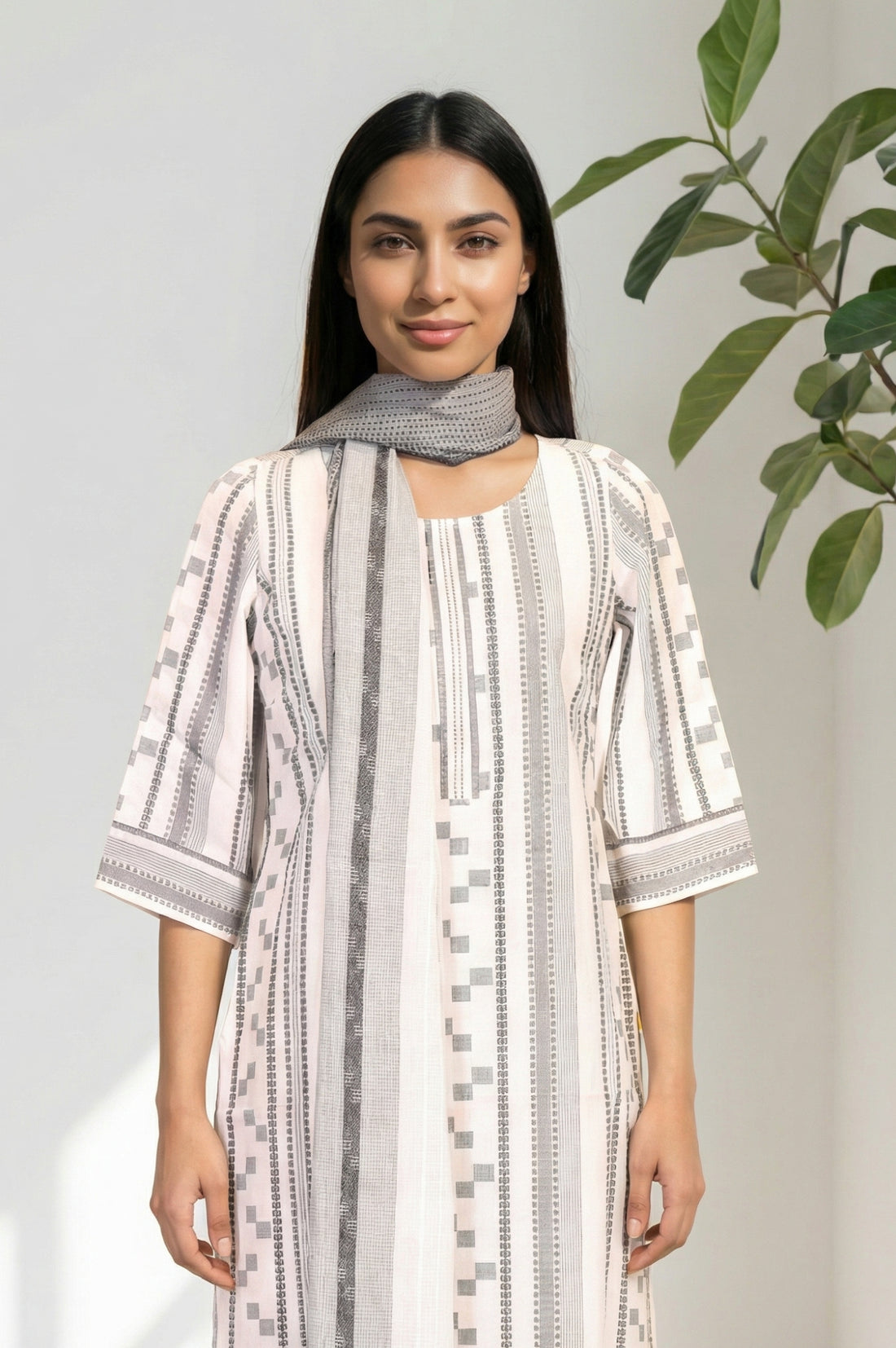 Grey Yarn Dyed Striped Cotton Blend Dupatta with Tassels
