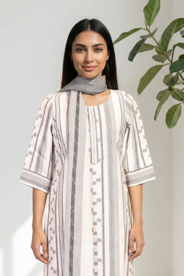 Grey Yarn Dyed Striped Cotton Blend Dupatta with Tassels