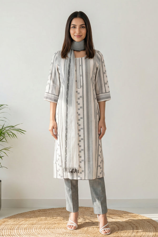 Grey Yarn Dyed Striped Cotton Blend Dupatta with Tassels