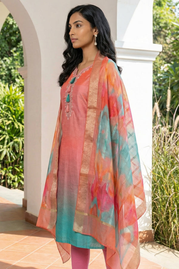 Orange Jacquard Vibrant Dupatta with Golden Border