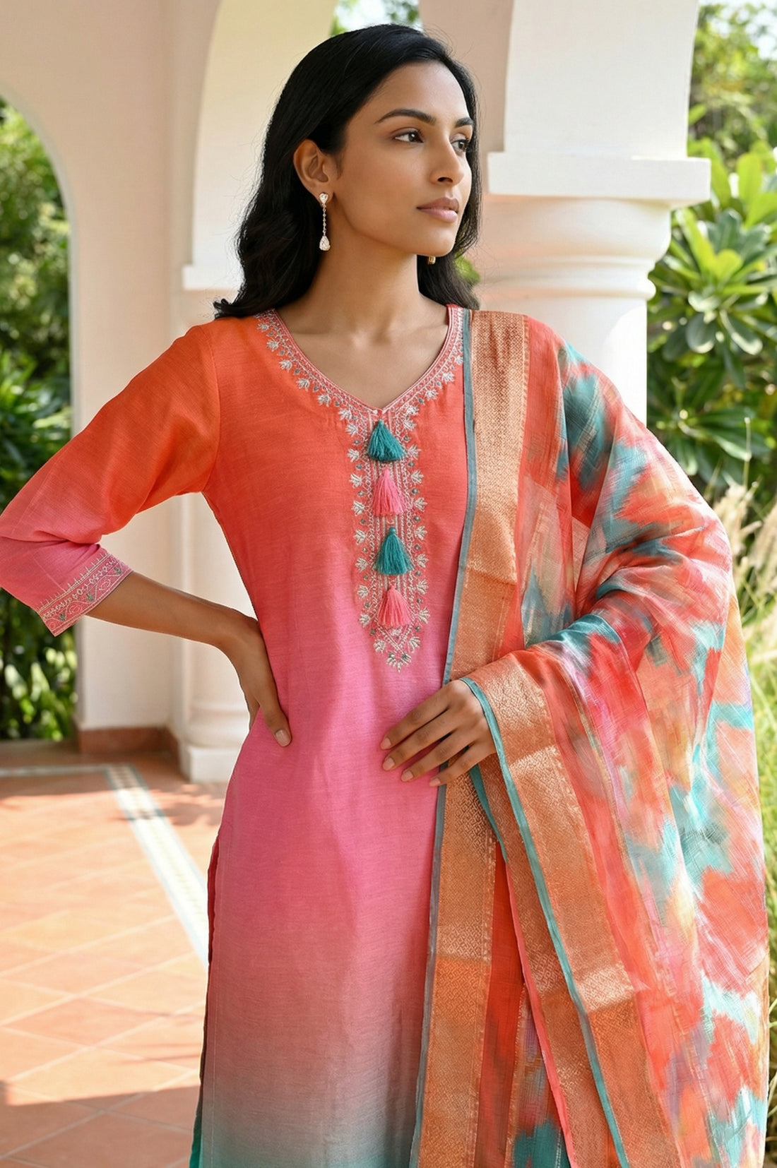 Orange Jacquard Vibrant Dupatta with Golden Border