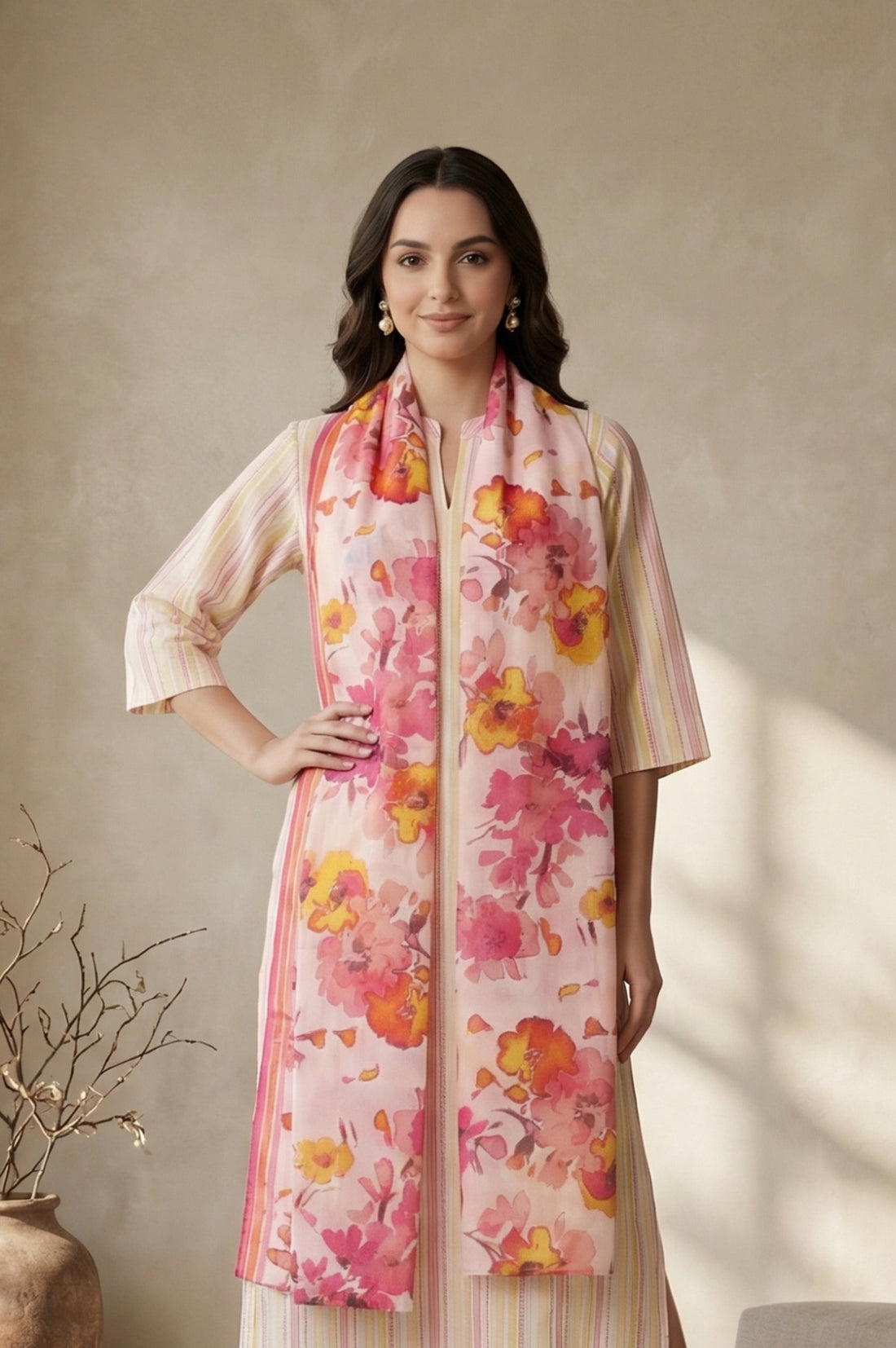 Pink Floral Printed Pure Cotton Stole