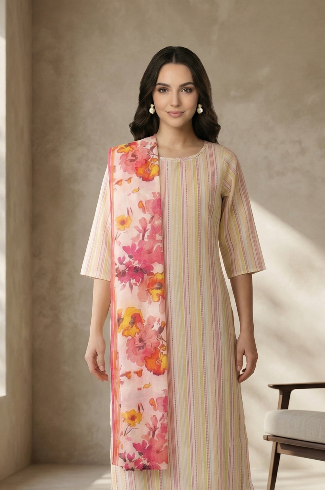 Pink Floral Printed Pure Cotton Stole