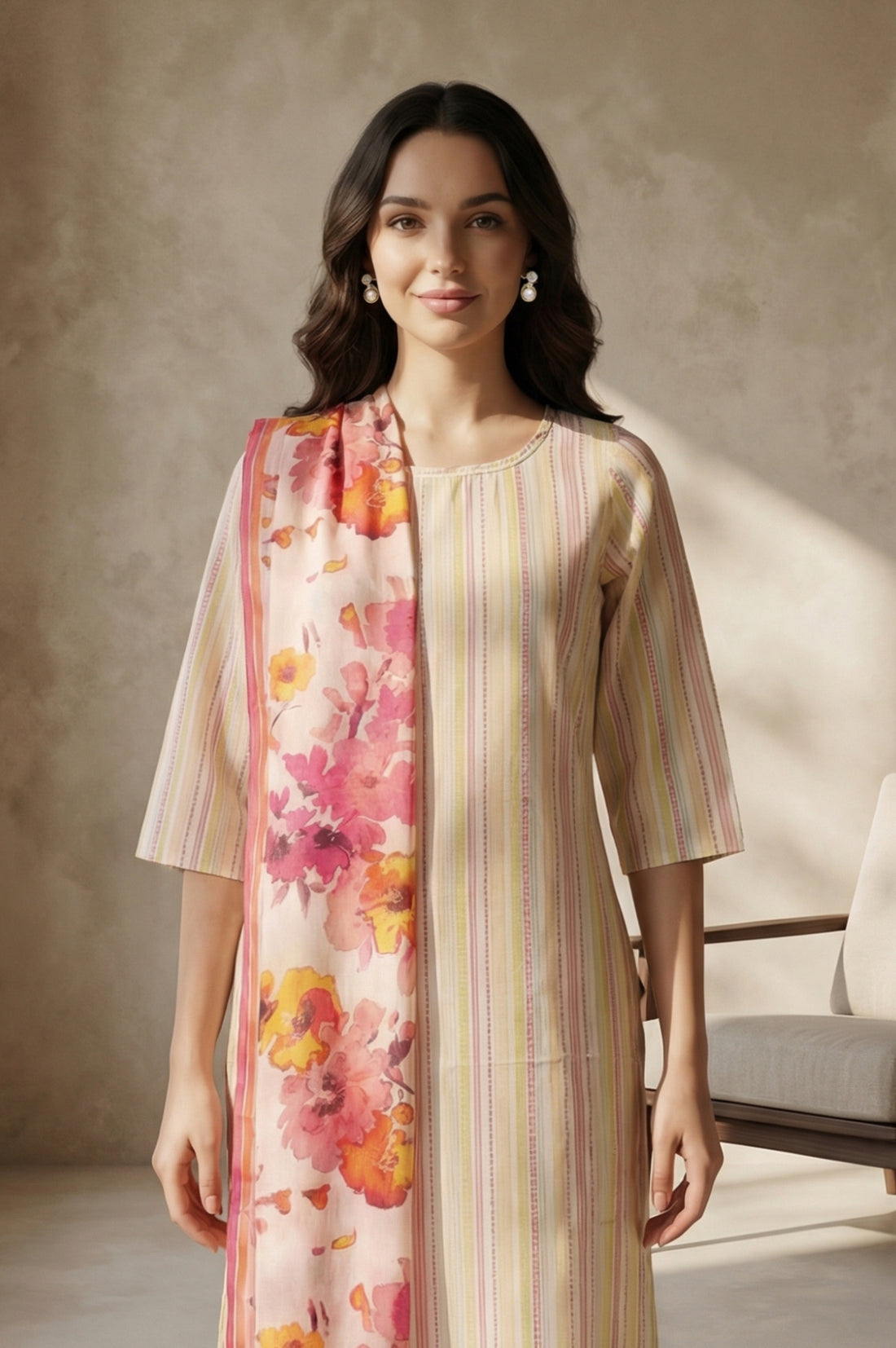 Pink Floral Printed Pure Cotton Stole