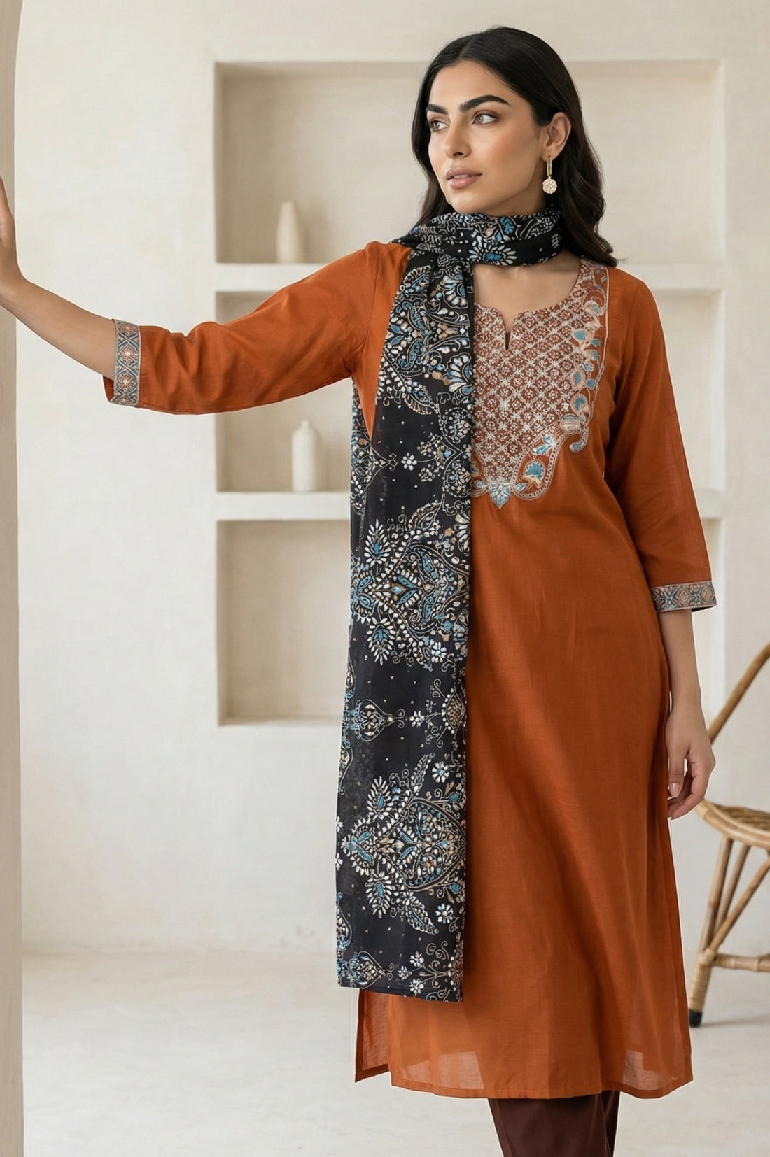 Black Floral Printed Cotton Mulmul Dupatta