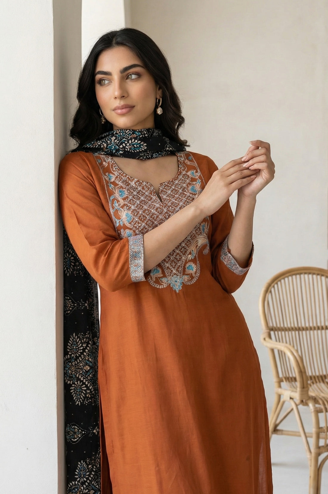 Black Floral Printed Cotton Mulmul Dupatta