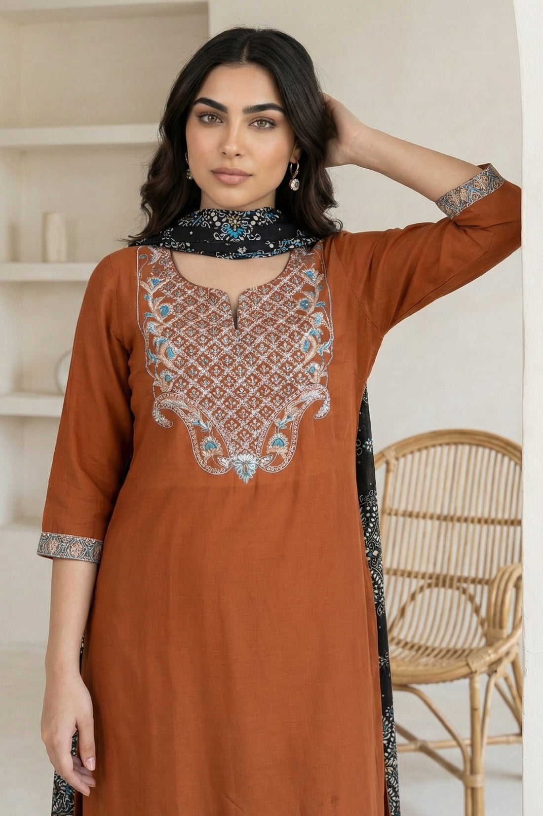 Black Floral Printed Cotton Mulmul Dupatta