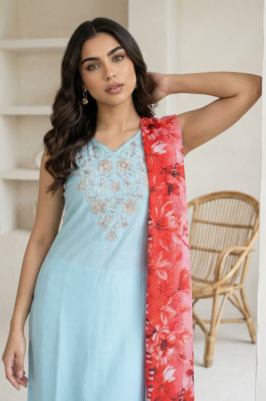 Red Floral Printed Pure Cotton Stole