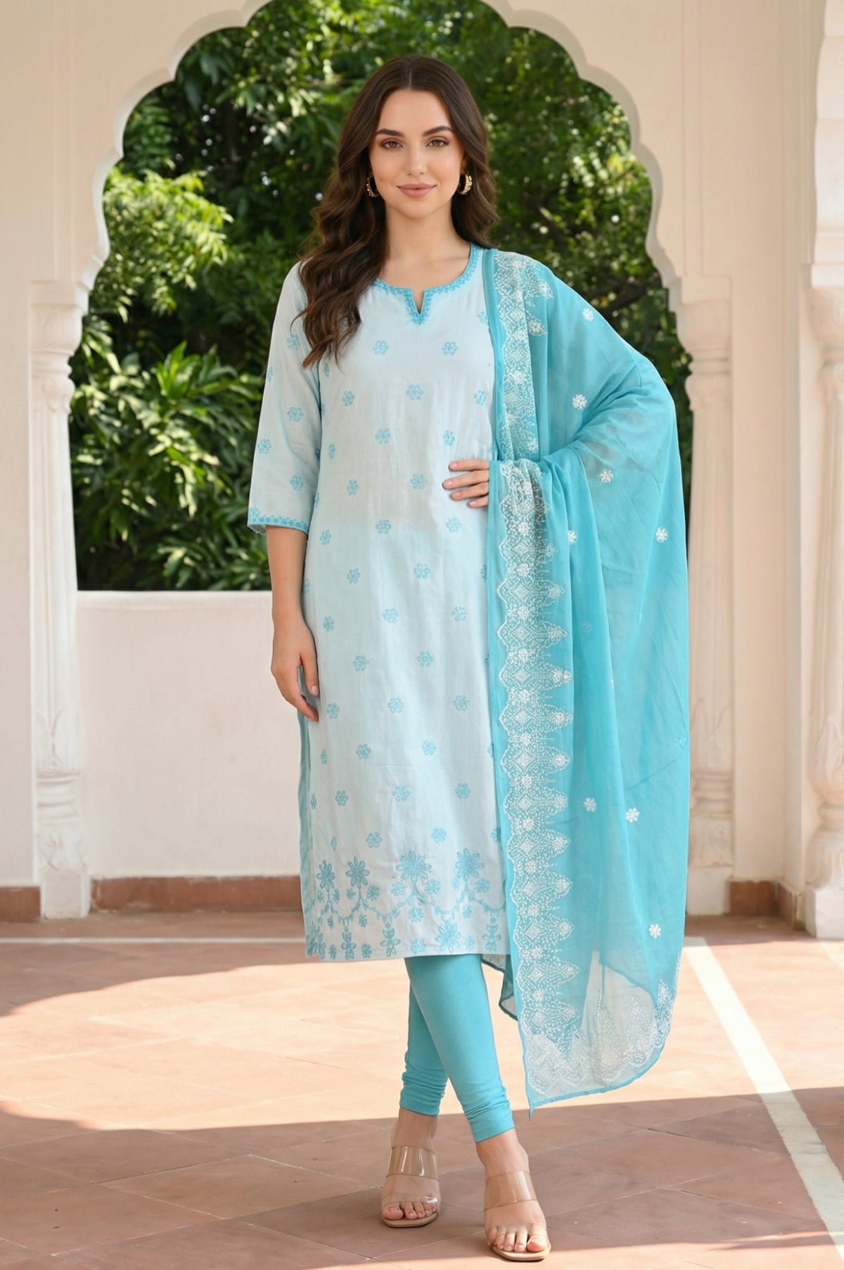 Turquoise Blue Floral Printed Pure Cotton Dupatta - FS