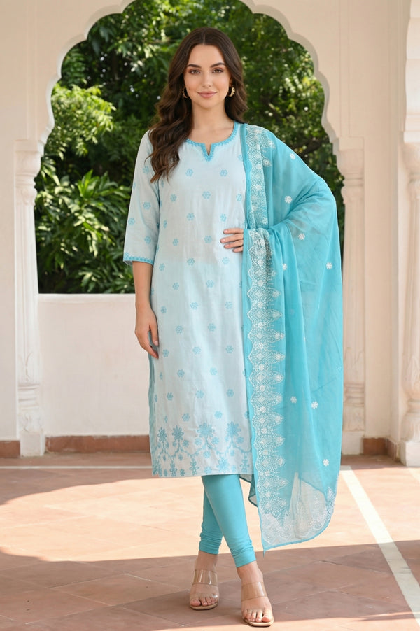 Turquoise Blue Floral Printed Pure Cotton Dupatta