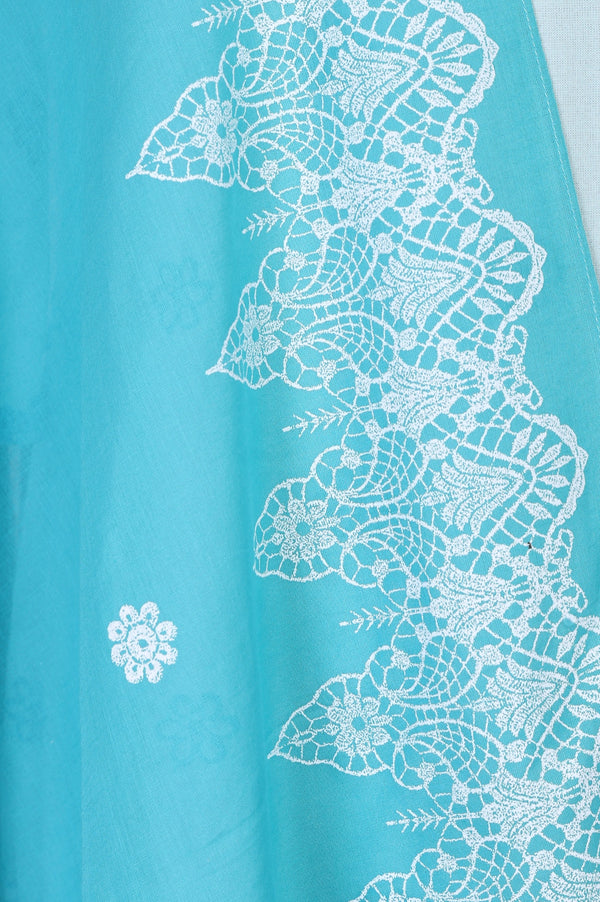Turquoise Blue Floral Printed Pure Cotton Dupatta