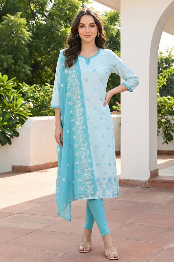 Turquoise Blue Floral Printed Pure Cotton Dupatta