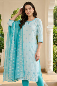 Turquoise Blue Floral Printed Pure Cotton Dupatta