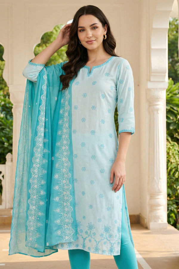 Turquoise Blue Floral Printed Pure Cotton Dupatta
