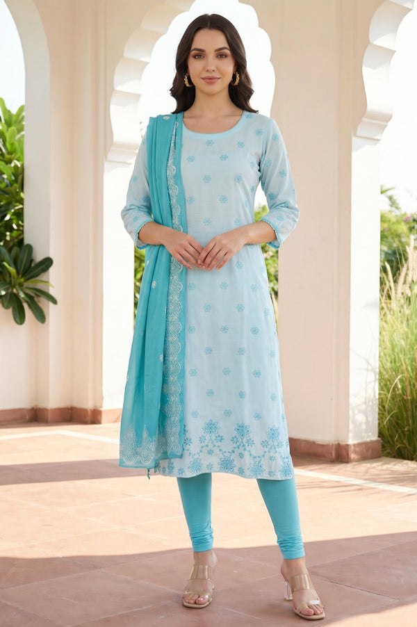 Turquoise Blue Floral Printed Pure Cotton Dupatta