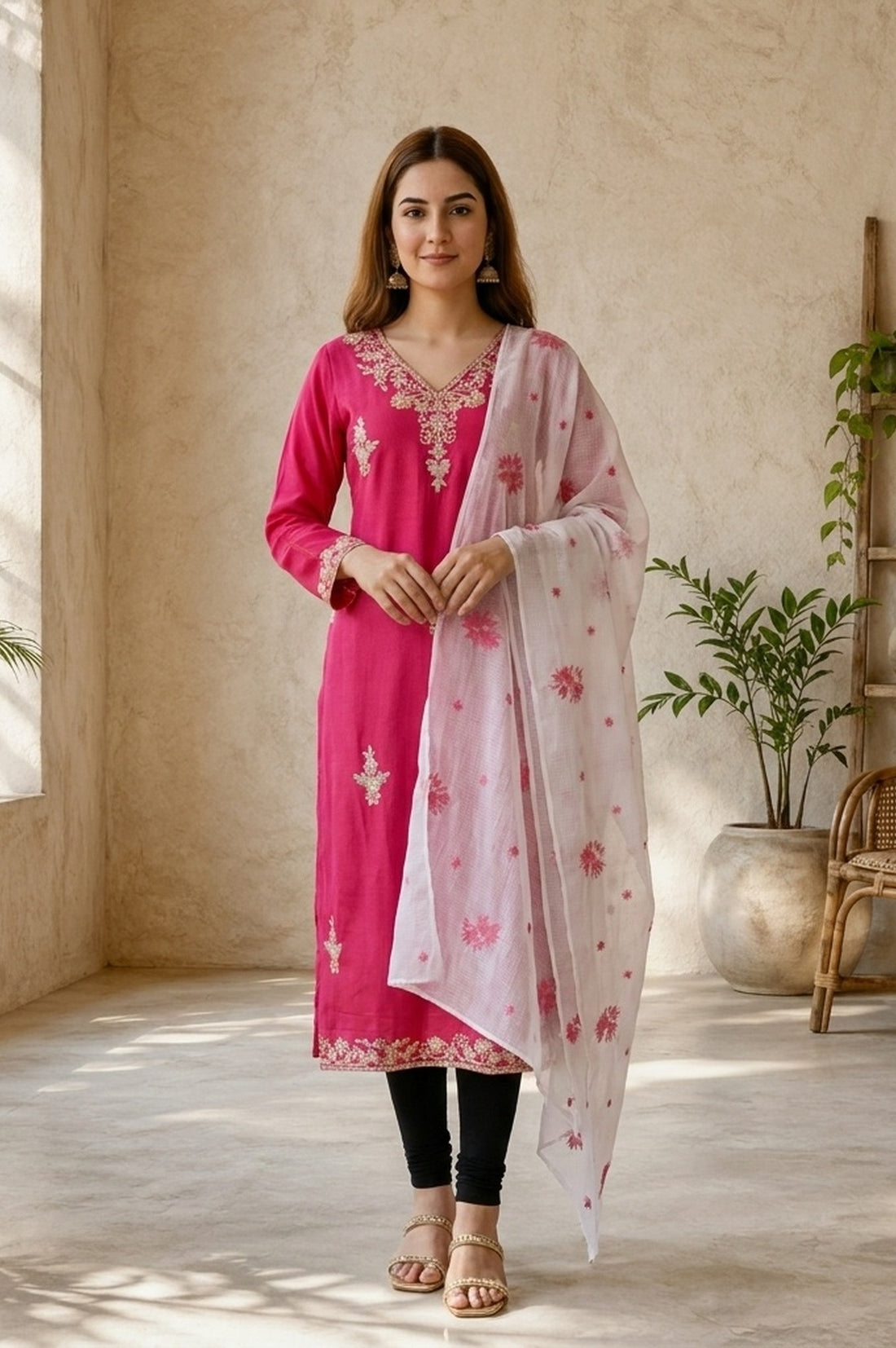 Off White Thread Embroidered Semi Sheer Kota Dupatta