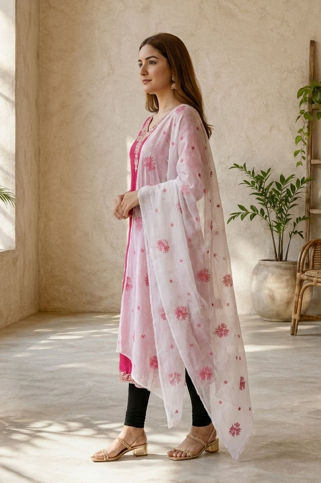 Off White Thread Embroidered Semi Sheer Kota Dupatta